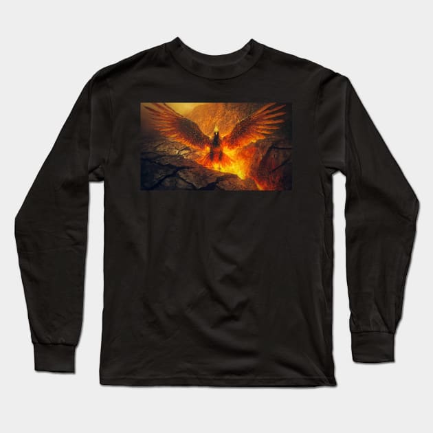 Dark phoenix bird rising out of lava Long Sleeve T-Shirt by psychoshadow